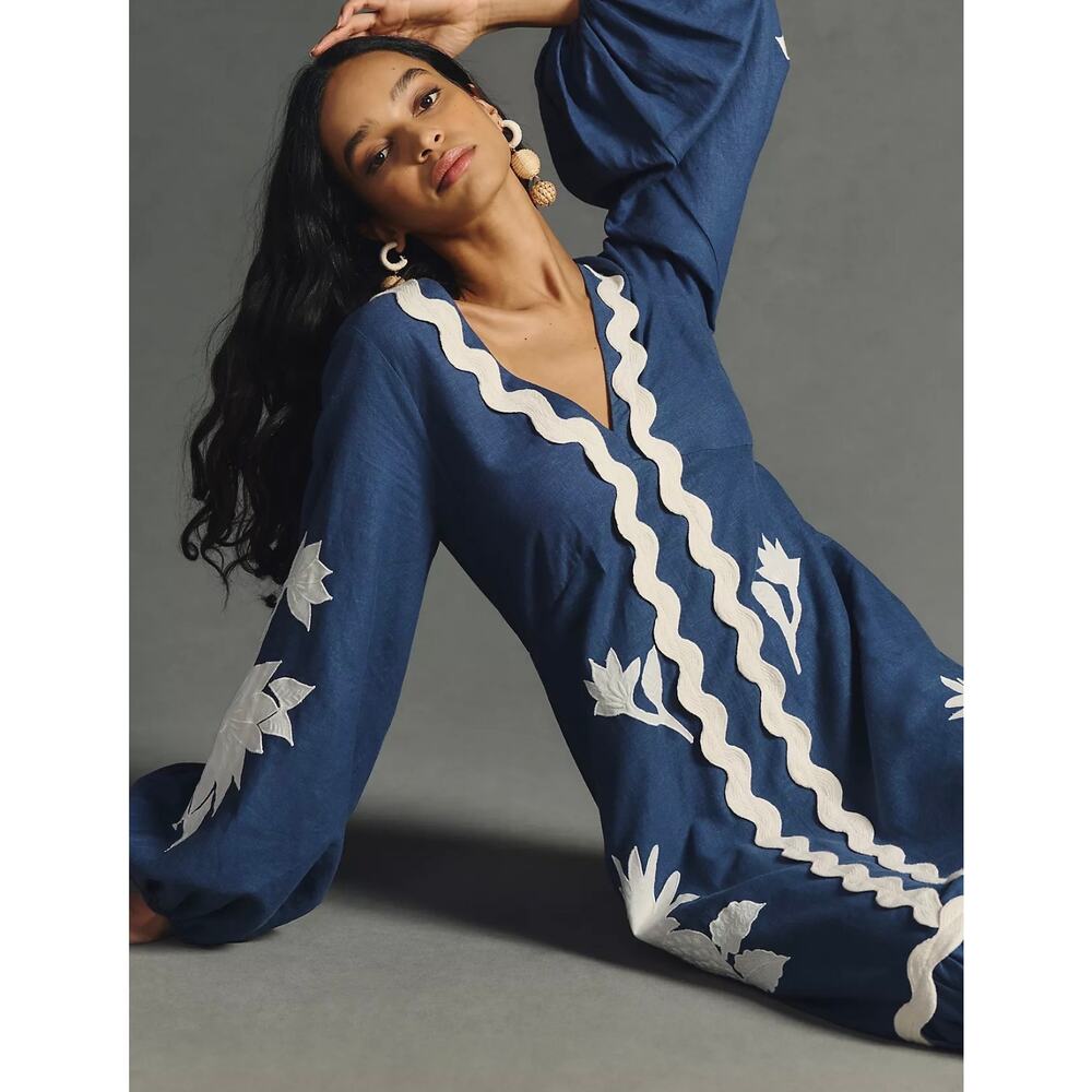 Farm Rio Flounce Blue & White Embroidered Linen-Blend Maxi Dress Pockets Size XS - Picture 4 of 14